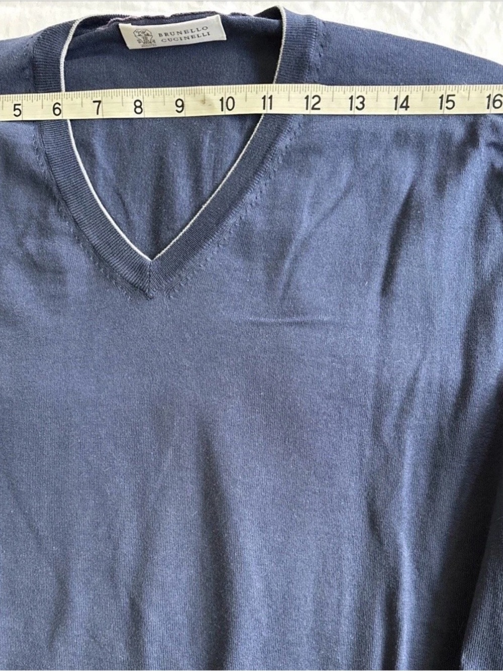 Brunello Cucinelli 💯 Cotton V Neck Navy Sweater with Contrast Trim Sz 54/XL - Picture 8 of 11